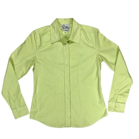 Vintage Lilly Pulitzer Logo Shirt 2 Green White Gingham Button Down White Label - Picture 1 of 15